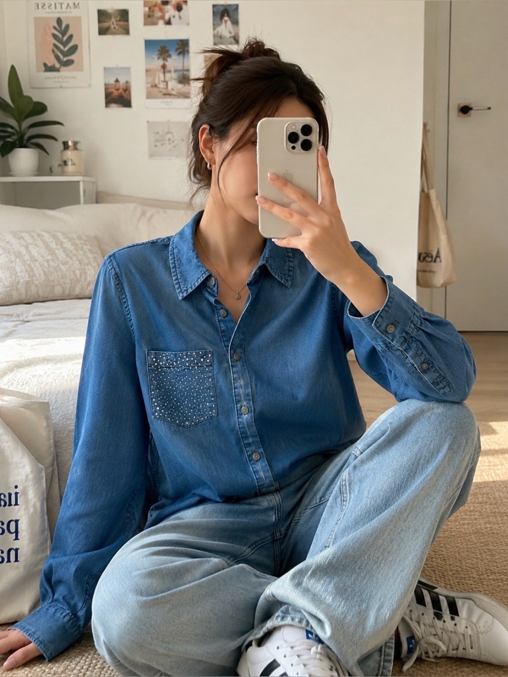 Badgley Mischka Blue Denim Button-Down Shirt with Studded Pocket Y2K Casual